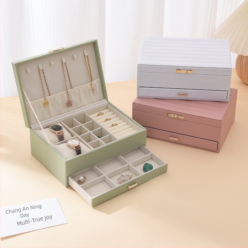 Kutija za nakit od PU kože s prugama, dvostruka, velika kapaciteta, za ogrlice, prstene, satove i narukvice; prijenosna za putovanja i dom.