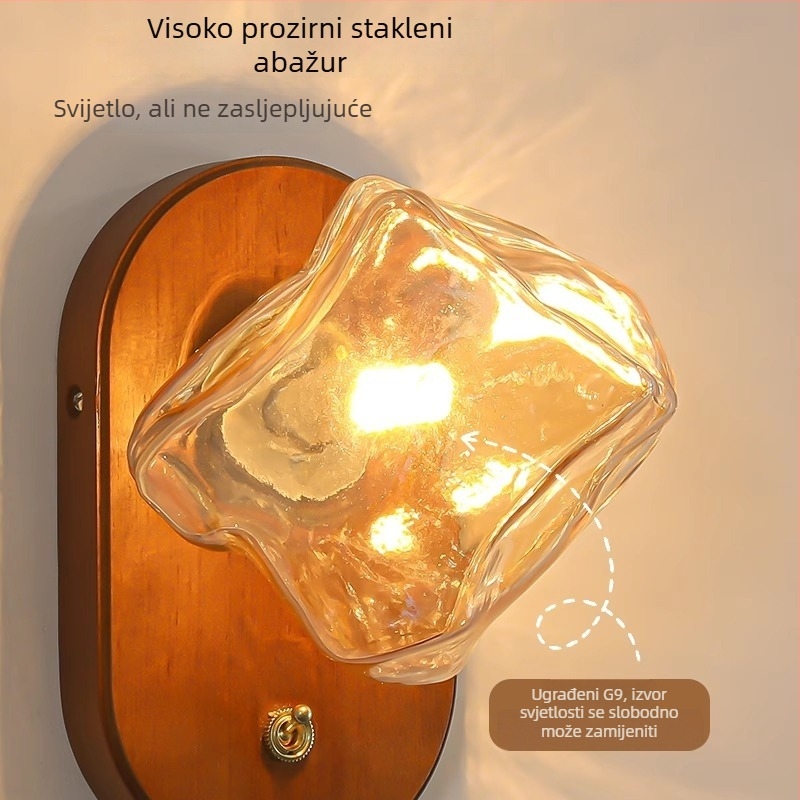 Stenska LED svjetiljka za spavaću sobu sa staklenim sjenilom, retro kineski stil, orahova završna obrada, vintage wabi-sabi dizajn