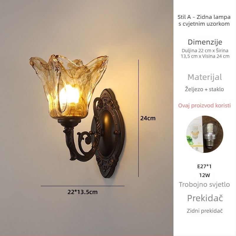 Casa francusko retro zidna lampa za noćni ormarić, vintage rasvjeta za dnevni boravak i spavaću sobu
