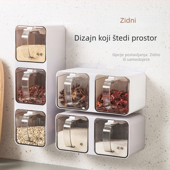 Zidni set posuda za začine u kuhinji s više pretinaca za sol, MSG, papar i začine