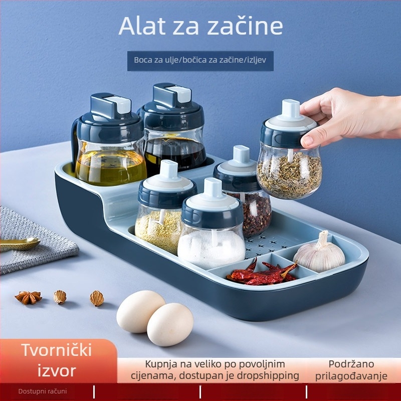 Set posuda za začine u kuhinji – plastične staklenke s poklopcima i boca za ulje s automatskim otvaranjem i zatvaranjem