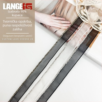 1 cm široka crno-bijela jednostrana mrežasta traka s kristalnim lancima za DIY rub suknje