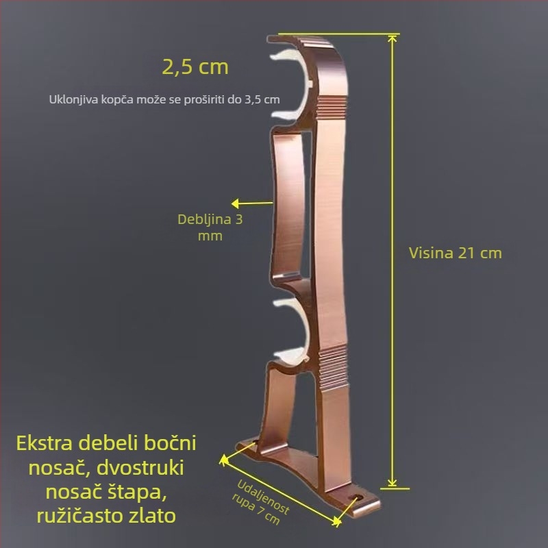 Aluminijski nosač zavjesa za rimski štap, bočni dvostruki nosač, debeli temelj s dvostrukom podrškom