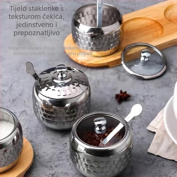 Set posuda za začine od 304 nehrđajućeg čelika za kuhinju, kutija za sol i MSG, prozirni poklopac s žličicom