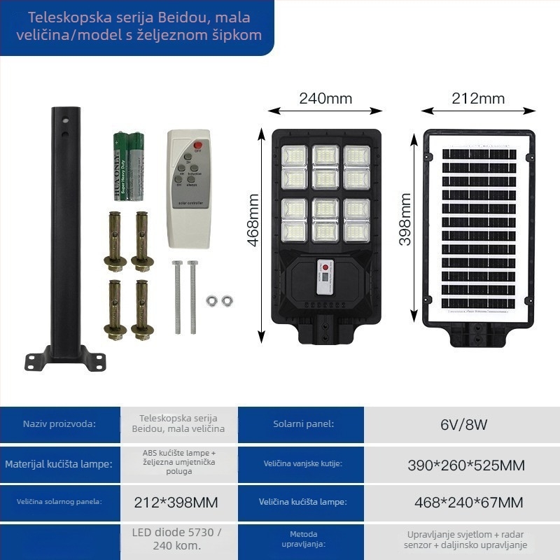 Vanjska solarna zidna svjetiljka za vrt, IP66 vodootporna, integrirana solarna ulična rasvjeta sa senzorom