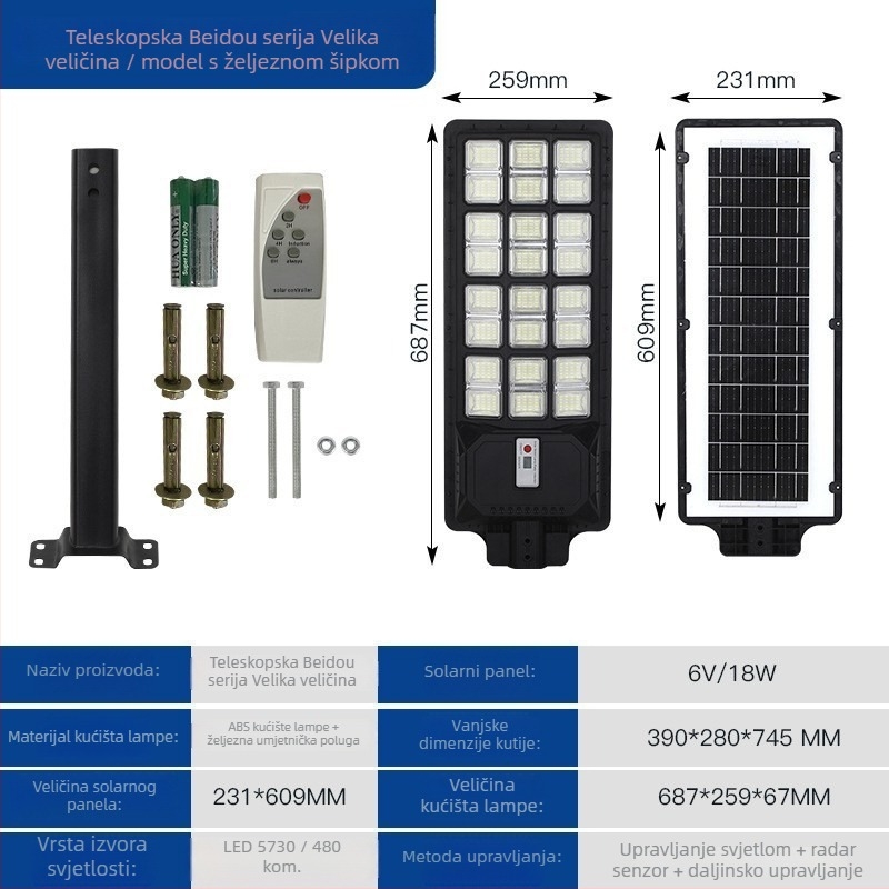 Vanjska solarna zidna svjetiljka za vrt, IP66 vodootporna, integrirana solarna ulična rasvjeta sa senzorom