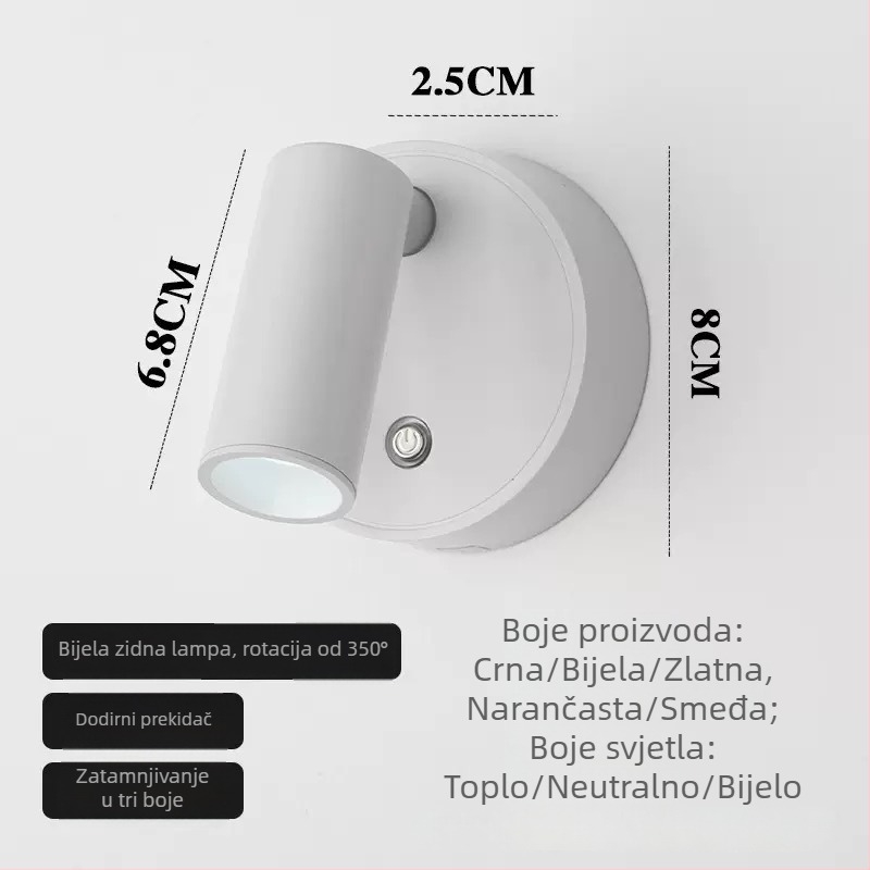 Punjiva LED zidna svjetiljka, bez instalacije, za spavaću sobu ili hodnik, dodirno upravljanje, 3 načina osvjetljenja.