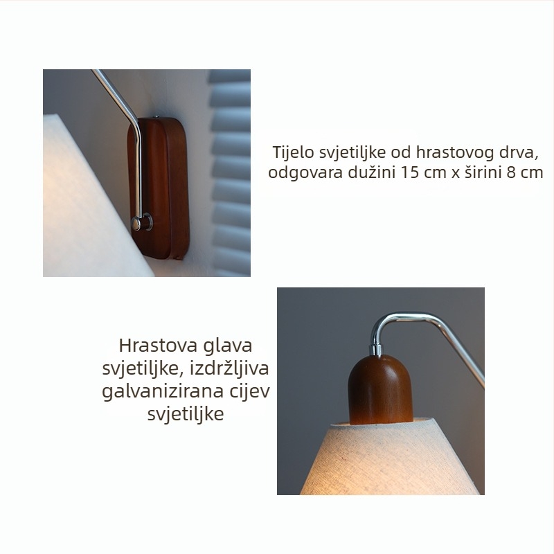Stenska svjetiljka s platnenim abažurom, retro stil, drvena osnova, LED, 220V — za spavaću sobu, radnu sobu i hodnik