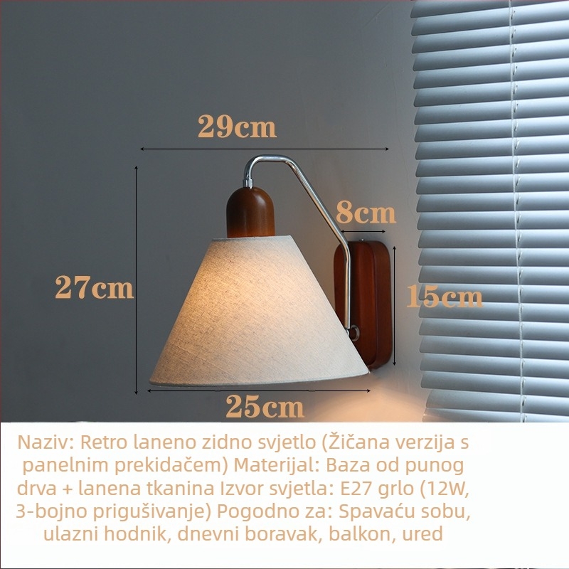Stenska svjetiljka s platnenim abažurom, retro stil, drvena osnova, LED, 220V — za spavaću sobu, radnu sobu i hodnik
