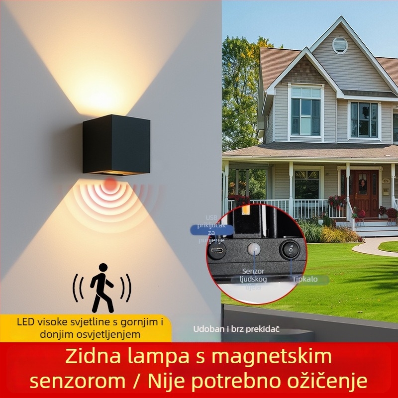 Vanjska LED zidna svjetiljka sa senzorom, IP65 vodootporna, minimalistički dizajn, svjetlo gore i dolje za stepenice i hodnik, bez mogućnosti prilagođavanja jačine