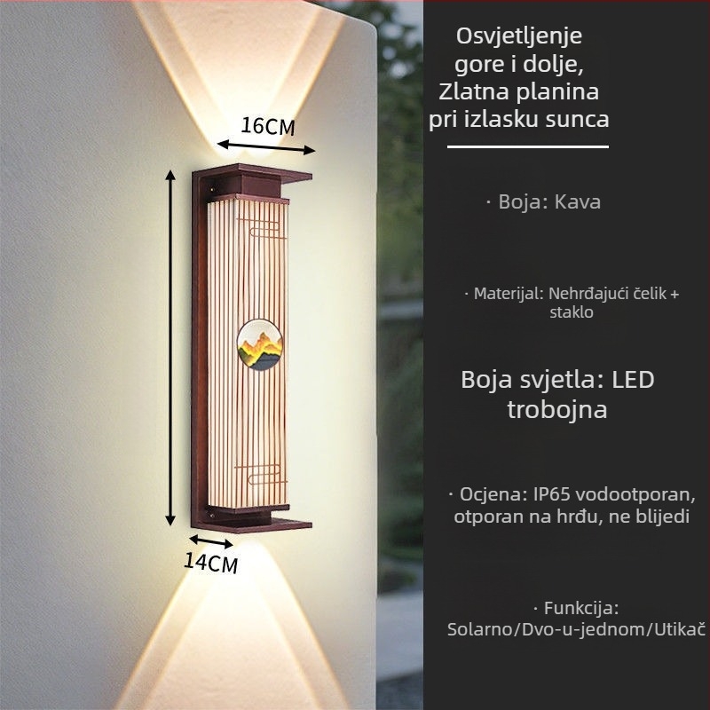Solarna vodootporna zidna svjetiljka s gornjim i donjim osvjetljenjem, luksuzna vanjska zidna rasvjeta za balkon, ogradu i kolonu u kineskom stilu vile