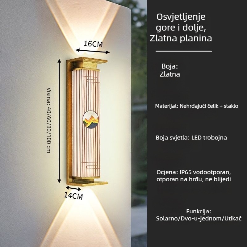 Solarna vodootporna zidna svjetiljka s gornjim i donjim osvjetljenjem, luksuzna vanjska zidna rasvjeta za balkon, ogradu i kolonu u kineskom stilu vile