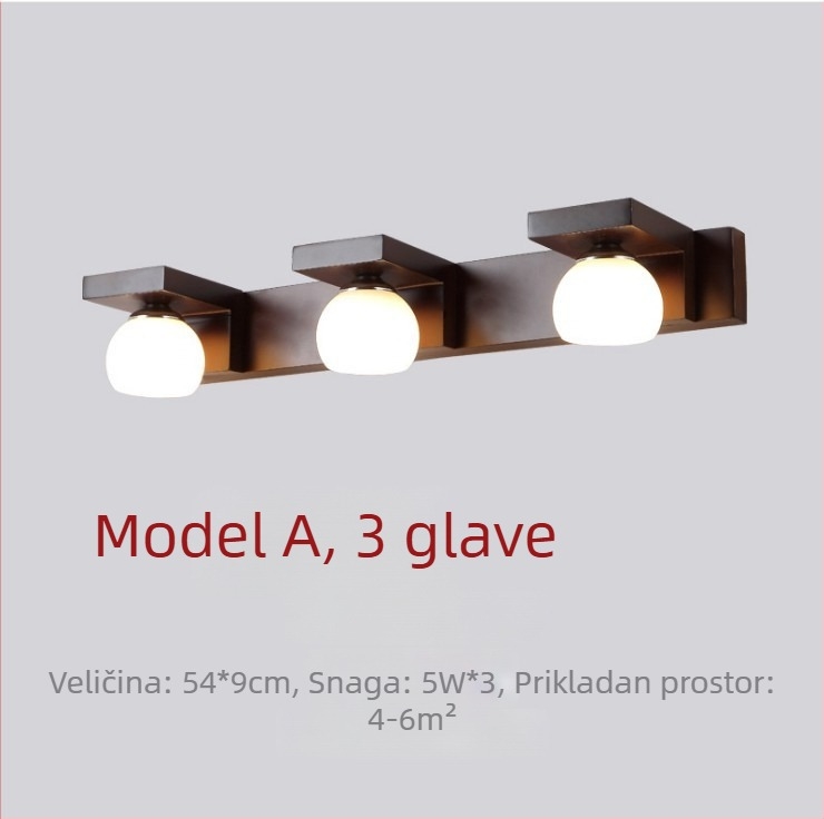 LED rasvjeta za ogledalo kupaonice u novom kineskom stilu, ogledalo s više glava i ormarićem za šminku, orahovo drvo, zidna montaža, masivno drvo