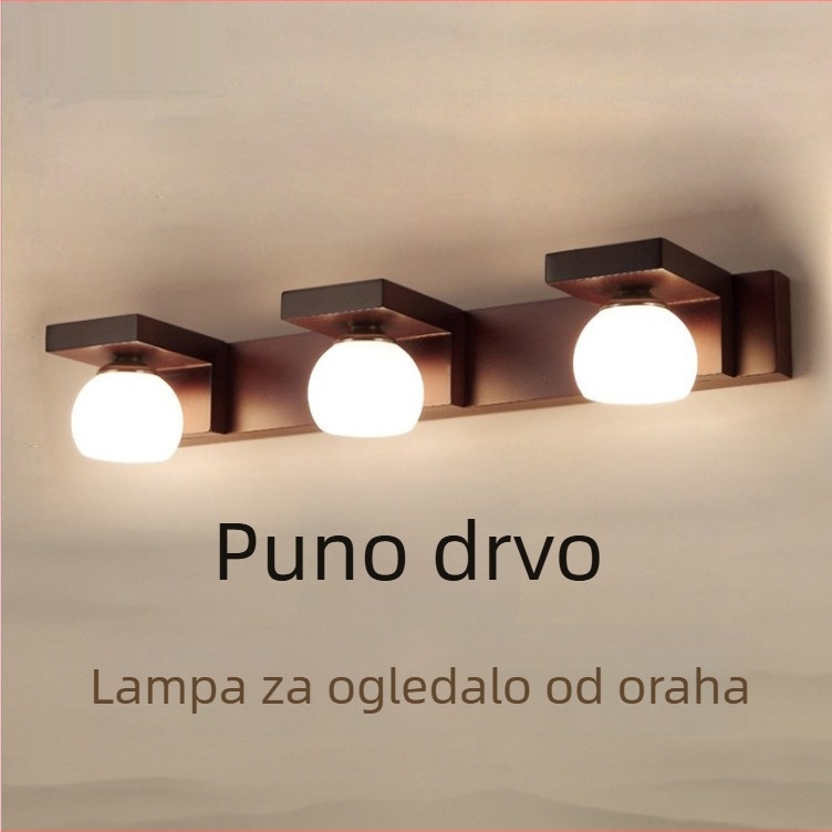 LED rasvjeta za ogledalo kupaonice u novom kineskom stilu, ogledalo s više glava i ormarićem za šminku, orahovo drvo, zidna montaža, masivno drvo