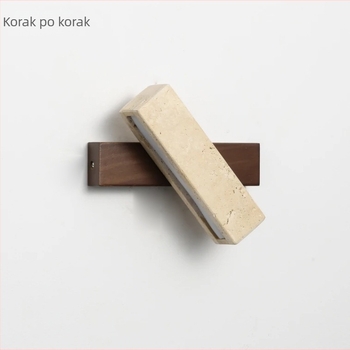 Žuti travertin, vintage Wabi-Sabi stil, noćna zidna lampa za spavaću sobu sa povlačnim prekidačem, rotirajuća glava, drveno kućište