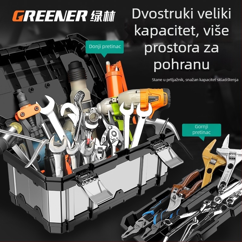 Kutija za alate od nehrđajućeg čelika, industrijske kvalitete, višenamjenska, prijenosna, velik kapacitet, za automobil i kućnu uporabu.