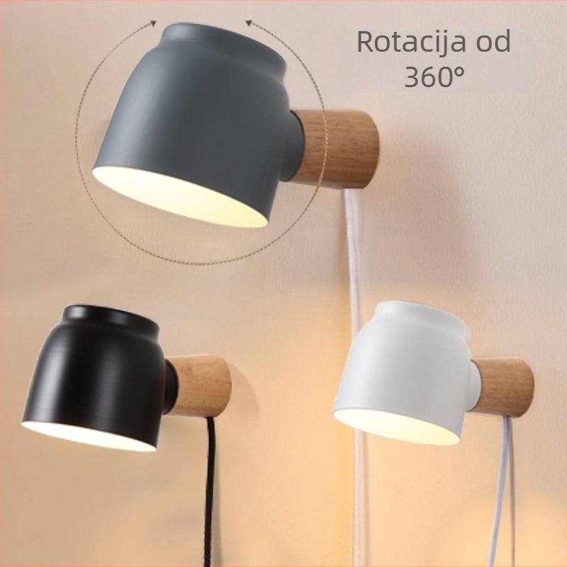 Nordijska minimalistička zidna svjetiljka s priključkom za utičnicu, za spavaću sobu i hodnik, rotirajuća, LED, metalno tijelo, pastelni stil.
