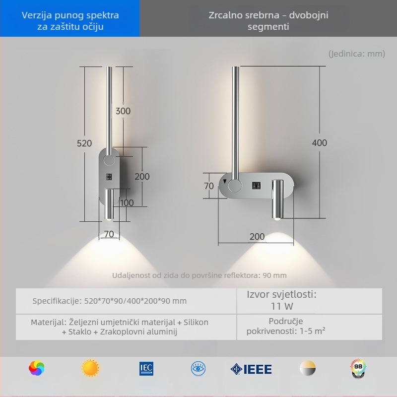 Dizajnersko rotirajuće i podesivo zidno svjetlo za spavaću sobu, talijanski minimalistički stil za čitanje
