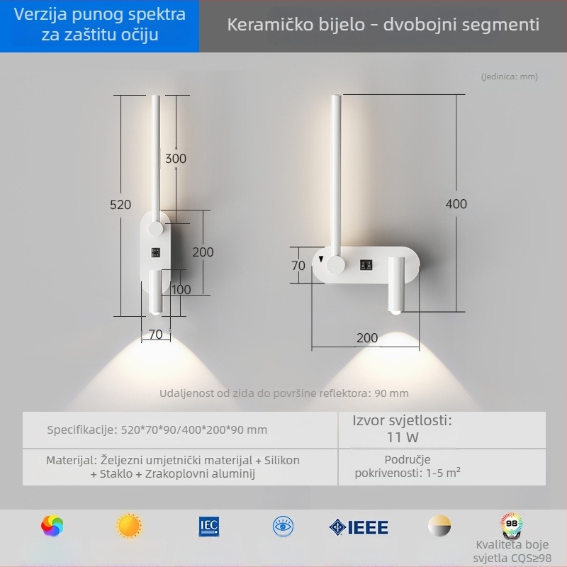 Dizajnersko rotirajuće i podesivo zidno svjetlo za spavaću sobu, talijanski minimalistički stil za čitanje