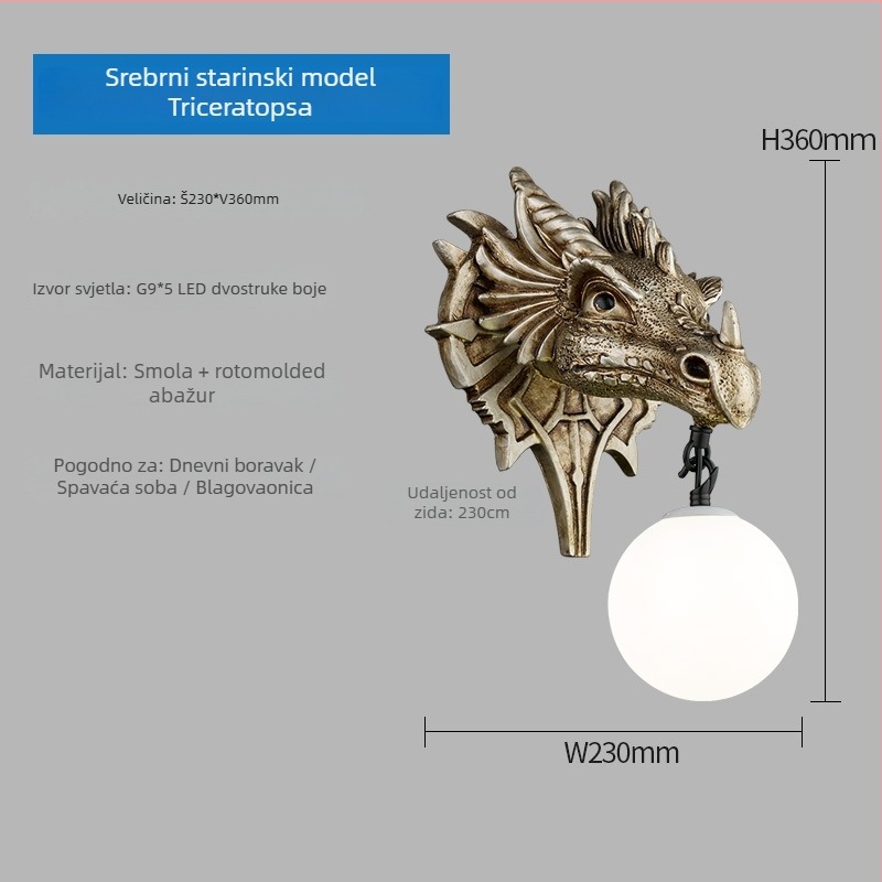 Dekorativna zidna svjetiljka s motivom Triceratops u skandinavskom stilu za dnevni boravak, blagovaonu, spavaću sobu i radnu sobu