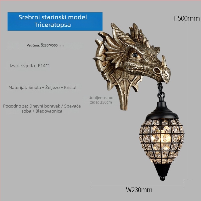 Dekorativna zidna svjetiljka s motivom Triceratops u skandinavskom stilu za dnevni boravak, blagovaonu, spavaću sobu i radnu sobu