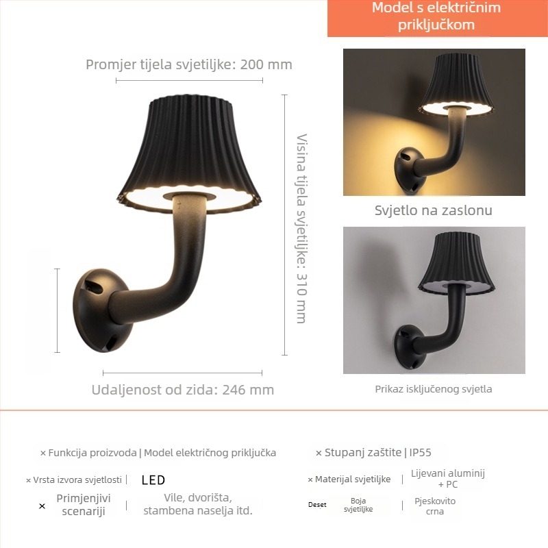 Vanjska stenska svjetiljka za vilu i dvorište, vodootporno vanjsko osvjetljenje, zidni nosač, aluminijsko kućište, IP55, LED 12W, 3000K, 180° snop, moderni minimalistički dizajn
