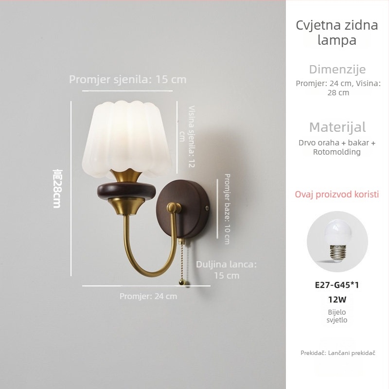 Vintage zidna svjetiljka od američkog oraha, francuski stil, luksuzno dekorativno svjetlo za spavaću sobu i dnevni boravak – Casa