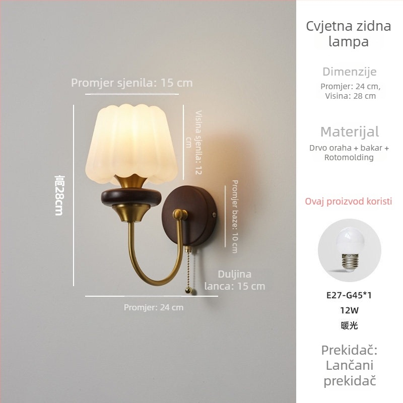 Vintage zidna svjetiljka od američkog oraha, francuski stil, luksuzno dekorativno svjetlo za spavaću sobu i dnevni boravak – Casa