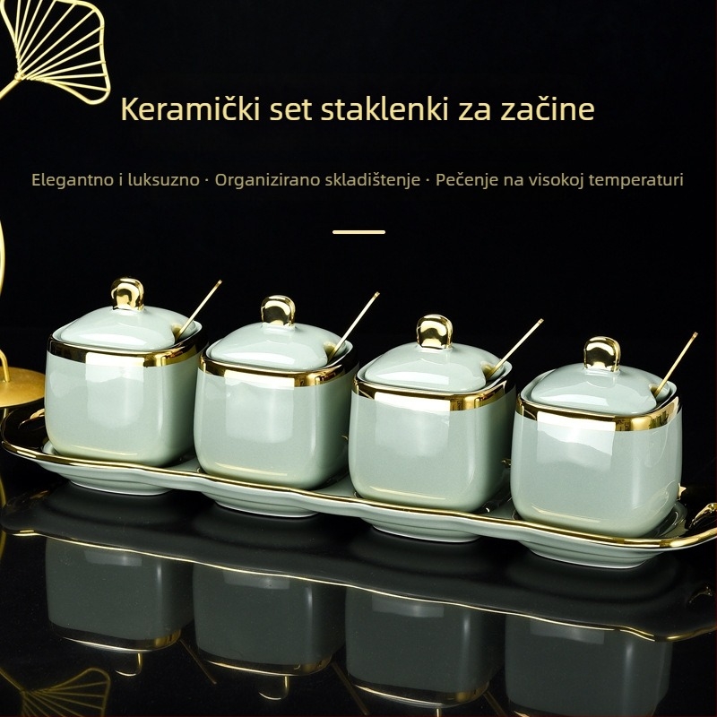 Keramički set posuda za začine u nordijskom stilu s kutijom, visokokvalitetne kuhinjske potrepštine za kućnu upotrebu, uključuje posudice za sol i MSG te posudice za čili ulje