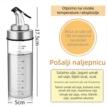Staklena boca za ulje otporna na toplinu, s brtvom i oznakama za mjerenje u kuhinji.