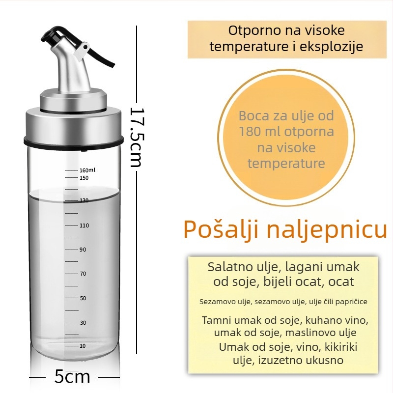 Staklena boca za ulje otporna na toplinu, s brtvom i oznakama za mjerenje u kuhinji.
