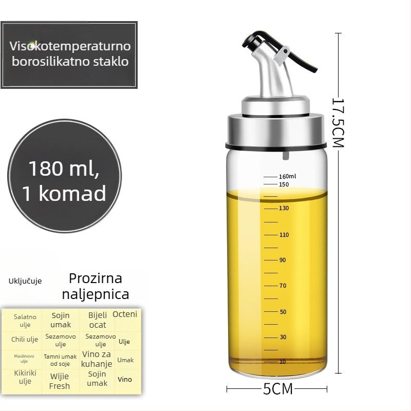 Staklena boca za ulje otporna na toplinu, s brtvom i oznakama za mjerenje u kuhinji.