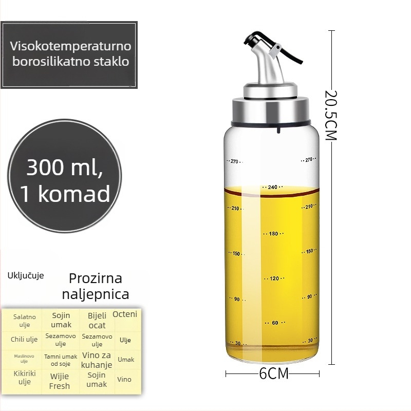Staklena boca za ulje otporna na toplinu, s brtvom i oznakama za mjerenje u kuhinji.