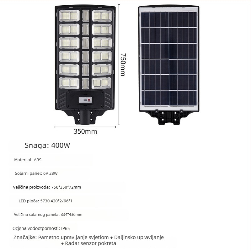 Integrirana solarna vanjska svjetiljka s radar senzorom, visoke snage, vodootporna rasvjeta za ulicu, dvorište i zid