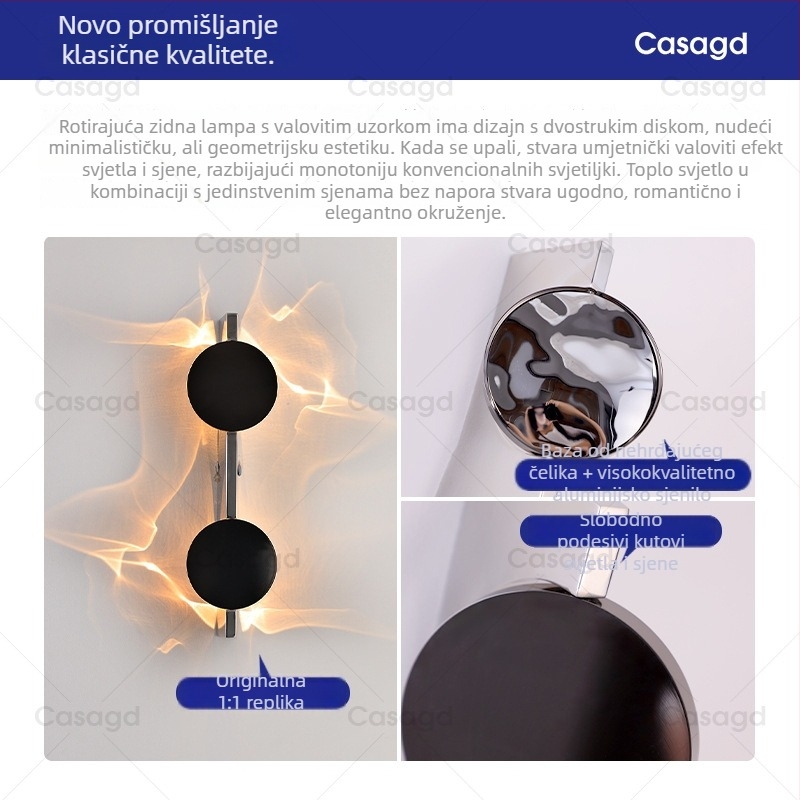 Dizajnerska zidna lampa s valovitim svjetlom i sjenama, srednjovjekovnog stila za kut sobe i spavaću sobu, LED, aluminijsko sjenilo, kućište od nehrđajućeg čelika