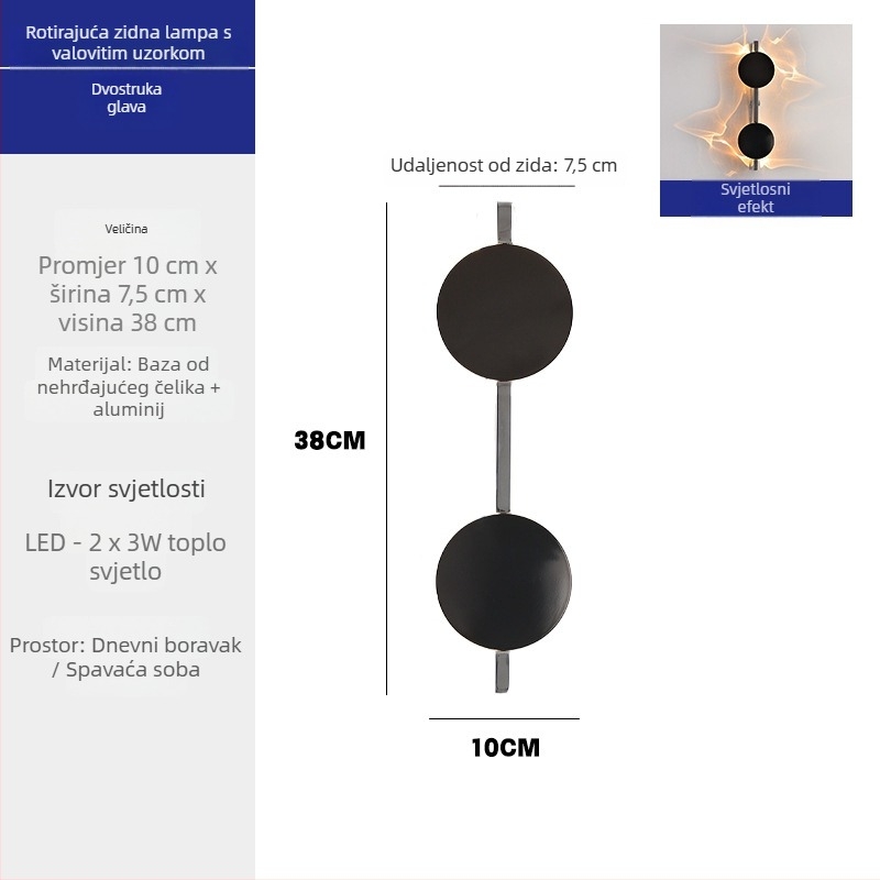 Dizajnerska zidna lampa s valovitim svjetlom i sjenama, srednjovjekovnog stila za kut sobe i spavaću sobu, LED, aluminijsko sjenilo, kućište od nehrđajućeg čelika