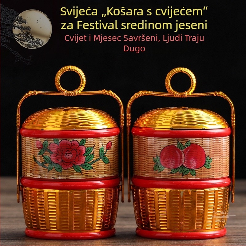 Svijeća za Festival Sredine Jeseni, otporna na vjetar, za vanjsku i unutarnju upotrebu, u bambusnoj košari s lotosom