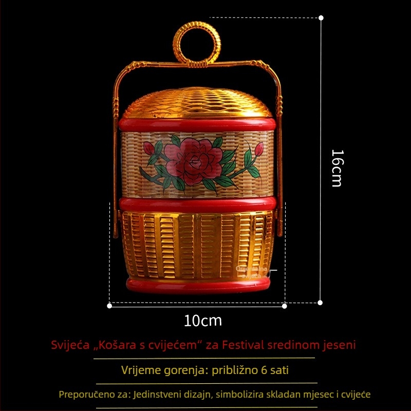 Svijeća za Festival Sredine Jeseni, otporna na vjetar, za vanjsku i unutarnju upotrebu, u bambusnoj košari s lotosom