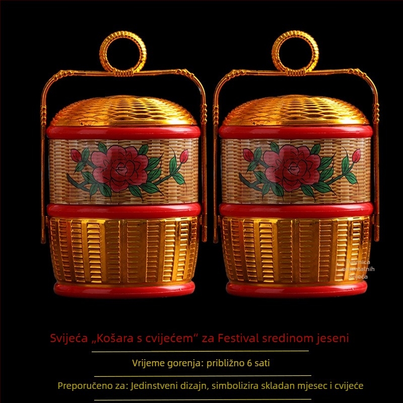Svijeća za Festival Sredine Jeseni, otporna na vjetar, za vanjsku i unutarnju upotrebu, u bambusnoj košari s lotosom