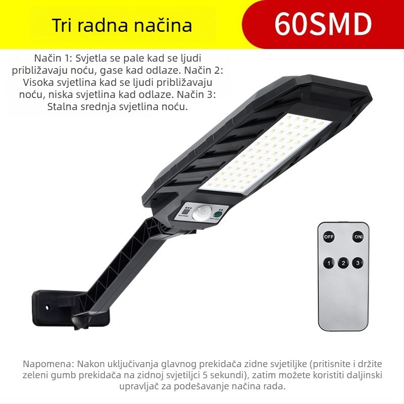 Solarna LED zidna svjetiljka za dvorište sa senzorom pokreta i daljinskim upravljačem, COB jaka svjetlost