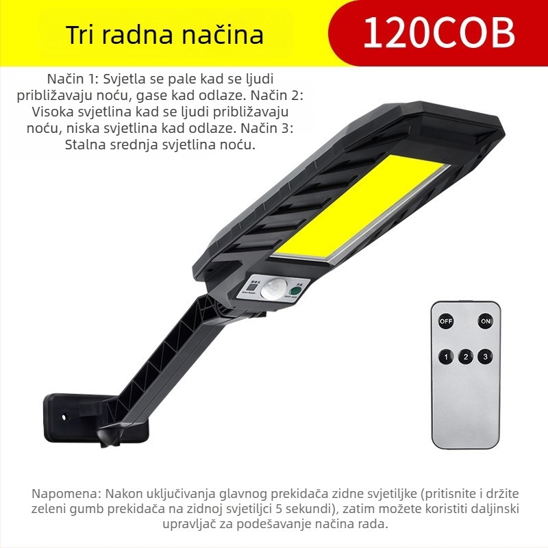 Solarna LED zidna svjetiljka za dvorište sa senzorom pokreta i daljinskim upravljačem, COB jaka svjetlost