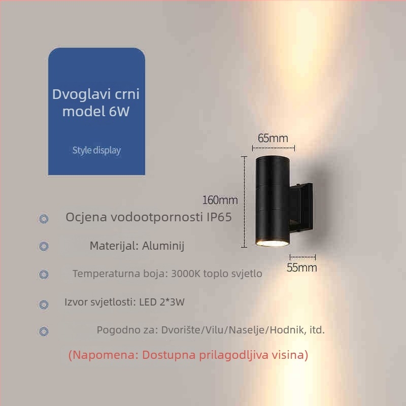 Vanjska vodootporna zidna svjetiljka s dvostrukom glavom, usmjerena gore-dolje