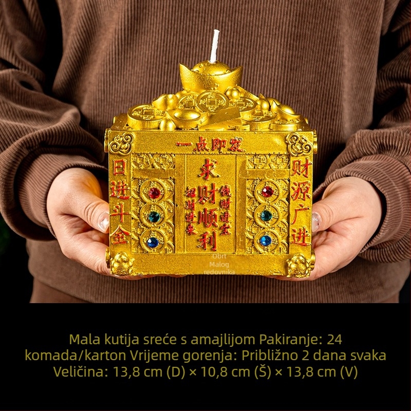Sveća s talismanom Boga bogatstva i kutija blaga, koja privlači bogatstvo i sreću; pogodna za kućne ili hramske ponude Bogu bogatstva