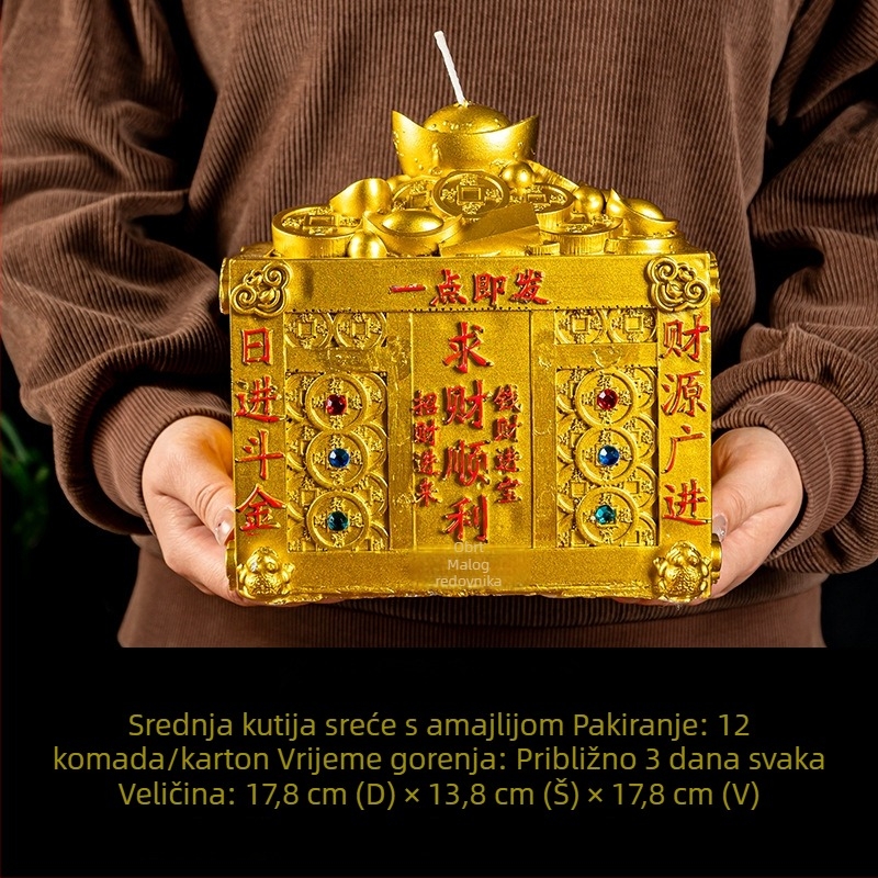 Sveća s talismanom Boga bogatstva i kutija blaga, koja privlači bogatstvo i sreću; pogodna za kućne ili hramske ponude Bogu bogatstva
