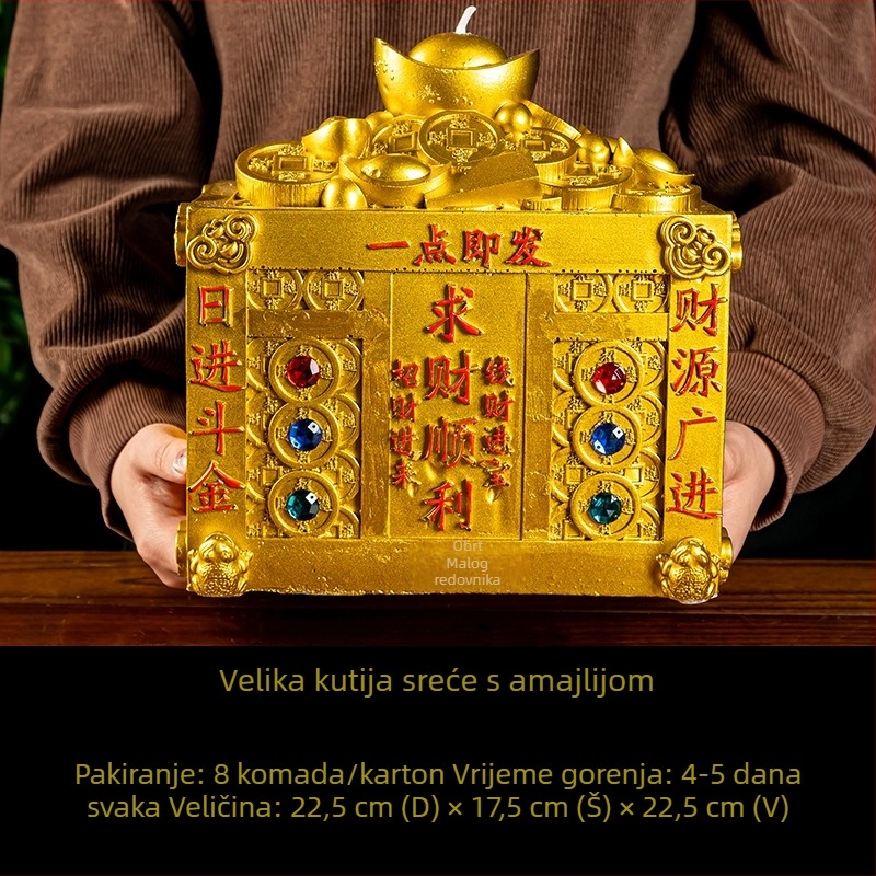 Sveća s talismanom Boga bogatstva i kutija blaga, koja privlači bogatstvo i sreću; pogodna za kućne ili hramske ponude Bogu bogatstva