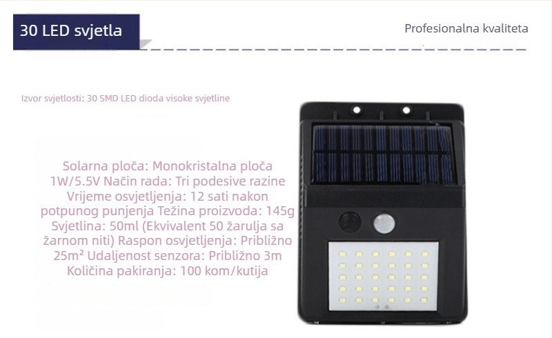 Solarna zidna svjetiljka s detekcijom pokreta, 20 LED, IP66, za dvorište