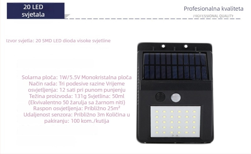 Solarna zidna svjetiljka s detekcijom pokreta, 20 LED, IP66, za dvorište