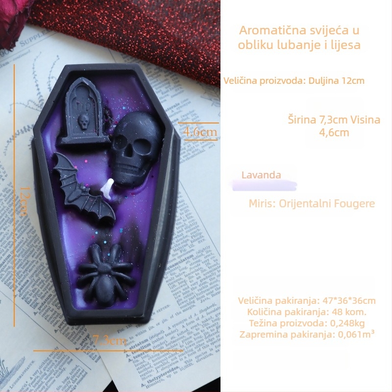 Halloween dekorativna svijeća u obliku kovčega, silueta vampira, lubanja i nadgrobna ploča, mirisna