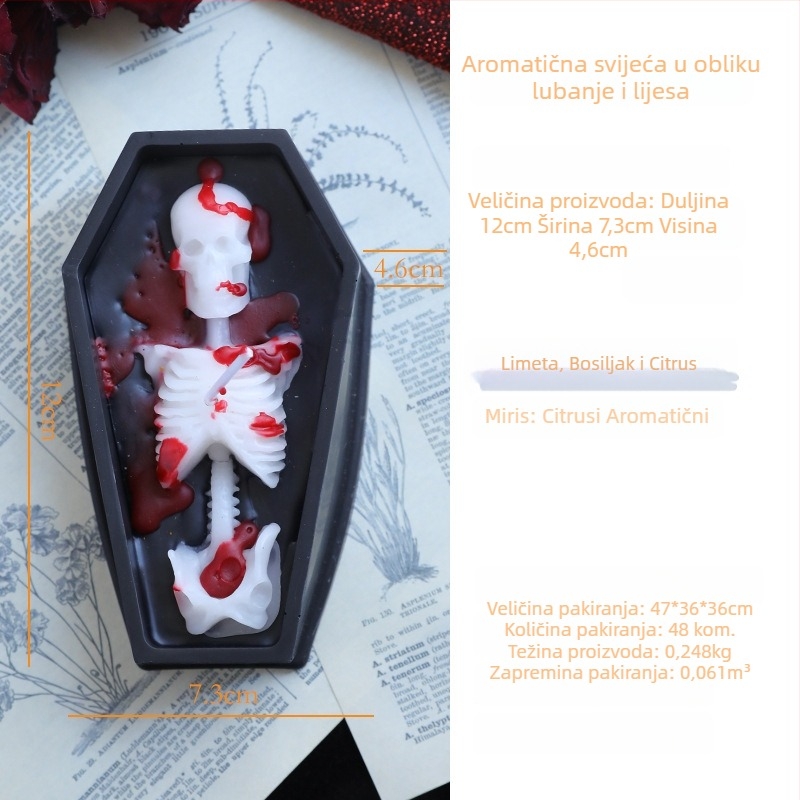 Halloween dekorativna svijeća u obliku kovčega, silueta vampira, lubanja i nadgrobna ploča, mirisna