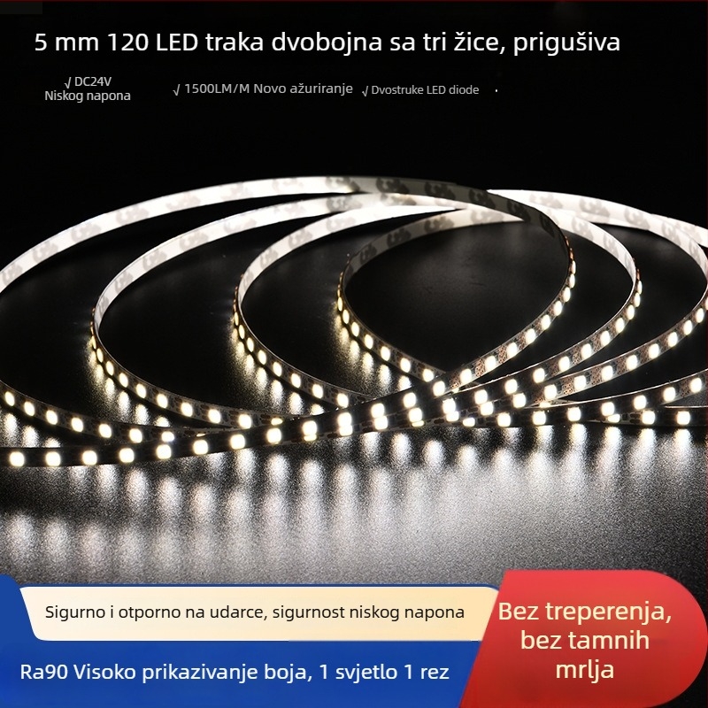 LED traka niskonaponska 24V, širina 5 mm, promjenjiva boja, 120 LED/m, samoljepljiva, unutarnja rasvjeta, trobojno dimiranje
